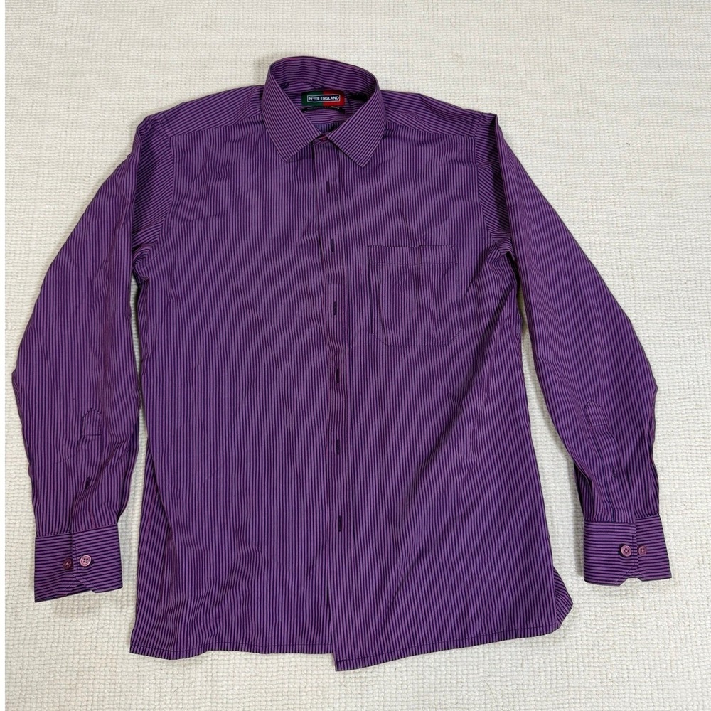 Peter England Mens Purple Striped Dress Shirt Nuvo Fit Cotton Blend Size‎ 39cm